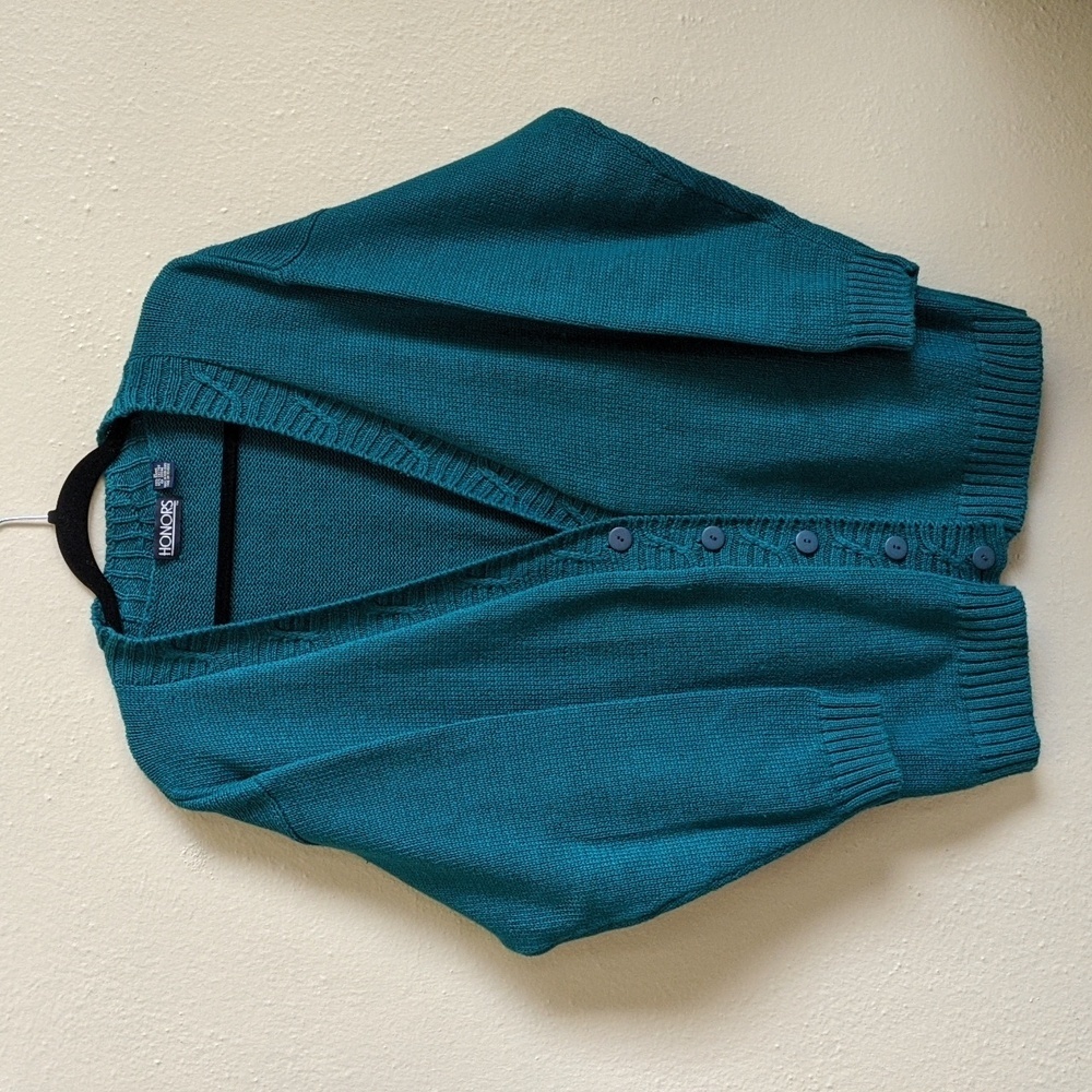 Honors VTG size medium ribbed trim button down cardigan grandmacore teal green